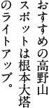 おすすめの高野山スポットは根本大塔のライトアップ。