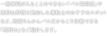 一般車両が入ることのできない「バス専用道」や高野山界隈を熟知した運転士のおすすめスポットなど、南海りんかんバスだからこそ体験できる「高野山」をご紹介します。